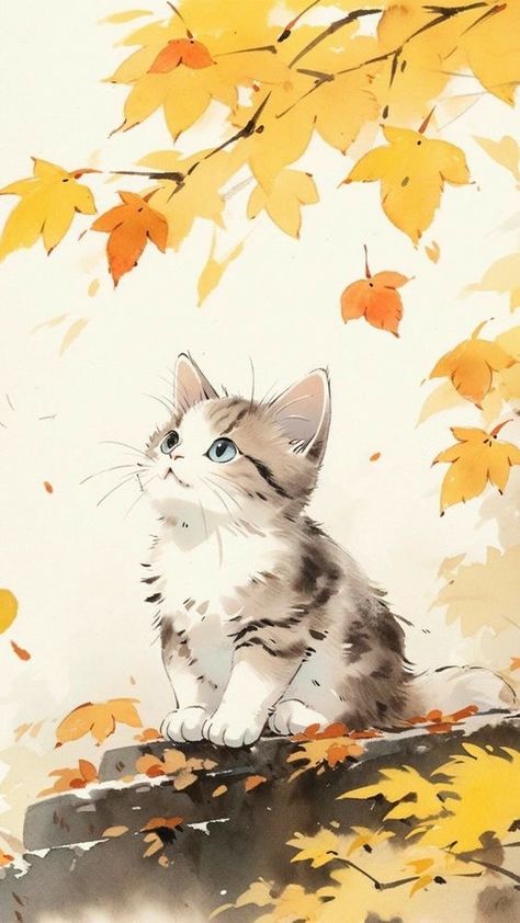 Cat Phone Wallpaper, Kitten Drawing, Boho Art Drawings, Watercolor Flower Art, Cat Artwork, 수채화 그림, Watercolor Cat, Watercolor Art Lessons, Cats Illustration