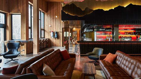 Channelling 1970s European-style interiors, this ski-in ski-out lodge serves whisky in the day spa and marshmallows for fireplace toasting. Ski Lodge Aesthetic Interior, 70s Ski Lodge, Ski Lodge Bar, Alpine Interior, Ski Lodge Aesthetic, Ski Lodge Style, Lodge Bar, Mountain Ideas, Lodge Aesthetic