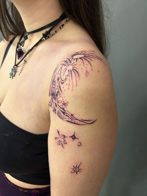 #CoolTattoos #TattooArt #InkMaster #TattooDesigns #InkedUp #TattooLovers #InkInspiration #TattooIdeas #CreativeInk #TattooStyle Multiple Arm Tattoos For Women, Celestial Arm Tattoo, Astral Projection Tattoo, Aesthetic Arm Tattoos, Ethereal Tattoo Ideas, Moon Shoulder Tattoo, Celestial Tattoo Sleeve, Celestial Tattoo Ideas, Celestial Tattoo