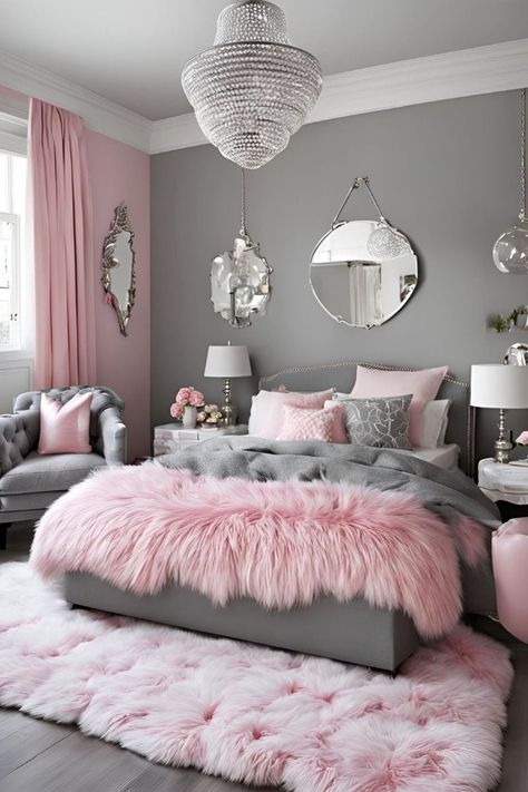 Womens Pink Bedroom Ideas, Pink Black White Silver Bedroom, Room Ideas Gray And Pink, Pink And Grey Home Decor, Grey And Pink Room Ideas Bedroom, Pink House Decor Interiors, Pink And Silver Room Ideas, Gray Girls Bedroom Ideas, Girly Pink Bedroom Aesthetic