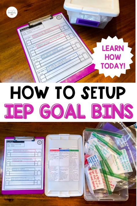 If you are a special education teacher, then you know that IEP goals play an important role in our job. Today, I want to share how to set up IEP goal bins to make your life easier as a special ed teacher. Data tracking for special education students is easy once you prep your goal bins. Each special ed student gets a container, a label with their name, and materials for each objective. Read more about what is inside and how to keep them organized in your special ed classroom. Special Ed Math Activities, Sped Data Tracking, Level 3 Special Education Classroom, 3rd Grade Special Education Activities, Special Ed Teacher Classroom, Highschool Sped Classroom, Iep Behavior Goals, Special Education Data Organization, Special Ed Resource Classroom