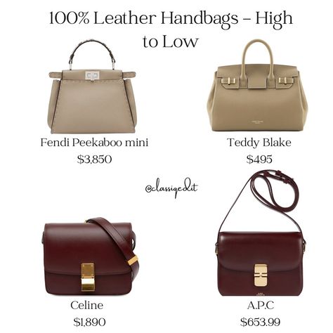 Ever wonder the price ranges for 100% leather handbags? Here is a high end vs mid-range comparison of handbags. Follow for more and share with your bestie. 👜👛👝 Miu Miu Marge Sherwood Gucci Jackie DeMellier Celine A.P.C Fendi Teddy Blake Fendi Peekaboo Mini, Teddy Blake, Fendi Peekaboo, Miu Miu, Leather Handbags, Fendi, Gucci, Handbags, Leather