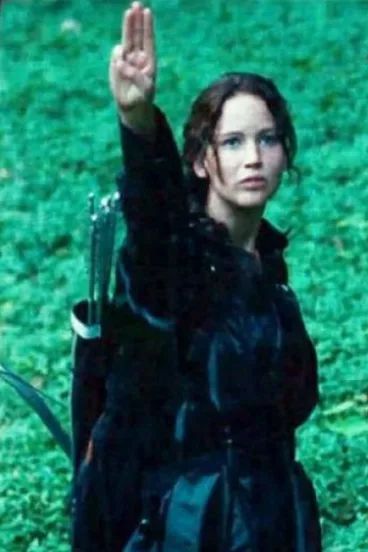 A salute used in district 13 to show gratitude and that you respect someone. Hunger Games Salute, Hunger Games Katniss, Hunger Games Memes, Hunger Games Fandom, Hunger Games Mockingjay, School Survival, Katniss Everdeen, Mockingjay, Gaming Memes