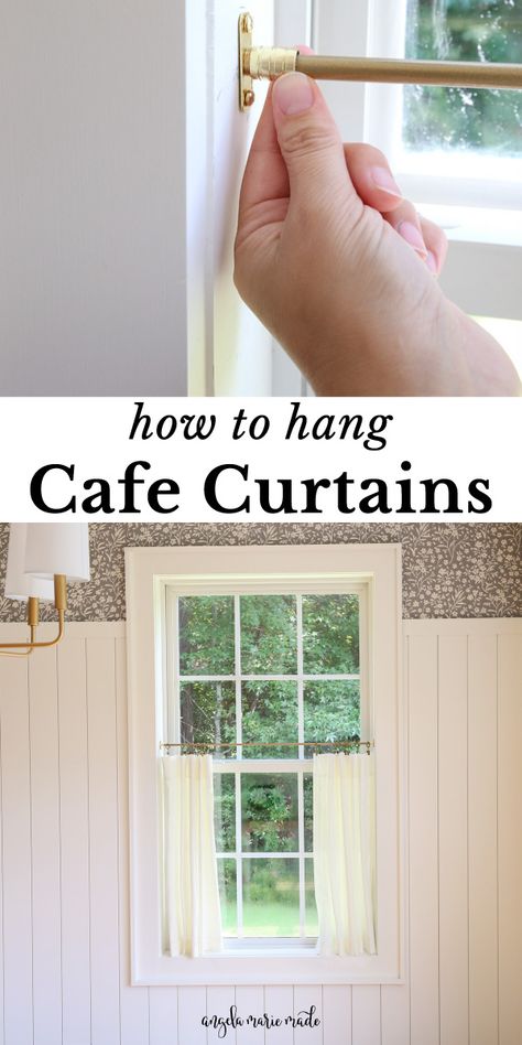 Learn how to hang cafe curtains easily, the hardware needed for cafe curtains, and where to buy cafe curtains, and what to look for when buying them! Double Cafe Curtains, Cafe Curtains And Blinds, Half Window Curtains Bathroom, Cafe Curtains In Kitchen, Cafe Curtain Dining Room, Kitchen Sink Cafe Curtains, Under Cabinet Curtain Diy, Kitchen Window Cafe Curtains, French Country Cafe Curtains