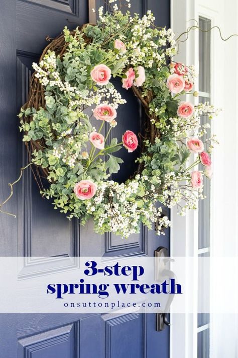 An easy 3-step DIY spring wreath for your front door. This lovely wreath will add instant color and curb appeal to your home! #wreath #springwreath #frontdoorwreath #eucalyptuswreath Spring Wreaths For Front Door Diy, Stone Gable, Themed Wreaths, Butterfly Wreath, Home Wreath, Easy Wreaths, Easter Wreath Diy, Diy Spring Wreath, Door Wreaths Diy