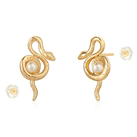 PRICES MAY VARY. Snake Stud Earrings: The width of the earrings is 10.9mm, the height is 19.9mm, and the diameter of the pearls is 4mm. The studs are in the shape of a snake coiled around a pearl, which adds a sense of layering and visual interest, making them a versatile fashion accessory for any occasion. S925 Sterling Silver Post Earrings: 14K gold plated over high quality brass plated to ensure a long without faded. Nickel and lead free, Hypoallergenic, that provides an extremely tough, dura Gold Snake Jewelry, Snake Coiled, Trendy Stud Earrings, Yule Ball, Chic Bracelet, Snake Jewelry, Cute Gift Boxes, Snake Earrings, Snake Design