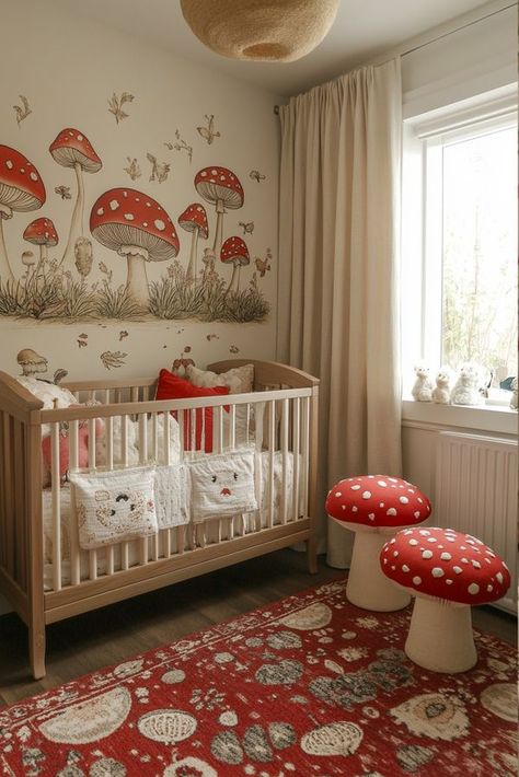 Woodland Nursery Mushrooms, Fairy Mushroom Nursery, Frog And Toad Nursery Theme, Over The Garden Wall Nursery, Woodland Mushroom Nursery, Enchanted Nursery Theme, Mushroom Nursery Theme, Toadstool Nursery, Nursery Ideas Twins