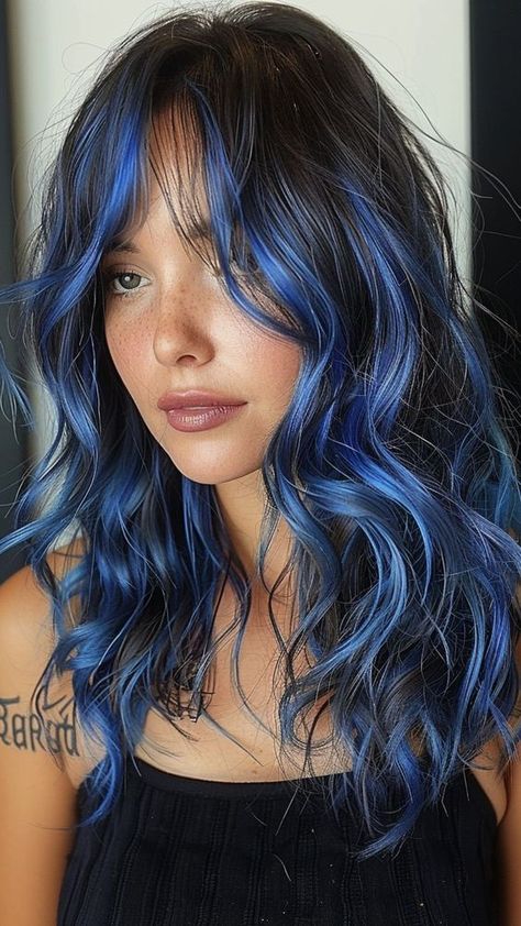 Blue Hair Haircut, Different Types Of Hair Coloring Styles, Light Blue Hair On Brown Skin, Red Blue Ombre Hair, Hair With A Pop Of Color, Blue Hair Designs, Darker Hair Ideas, Cool Ways To Dye Hair, Summer Hair Ideas Color