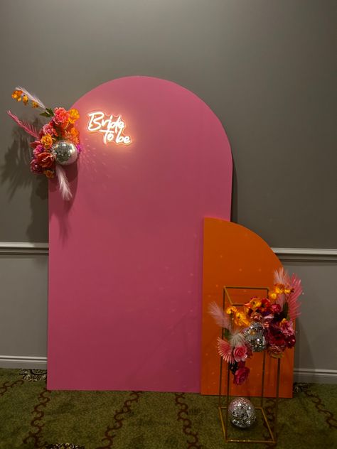 Pink Orange Backdrop, Hot Pink Photo Backdrop, Photo Backdrop Arch, 21st Photo Backdrop, Disco Backdrop, Corporate Event Design, Pink Showers, Hot Pink Floral, Bridal Shower Backdrop