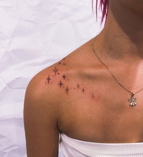 Sparkle Tattoo On Neck, Dainty Top Of Shoulder Tattoo, Collar Bone Tattoos Stars, Subtle Collar Bone Tattoo, Twinkle Tattoo Design, Dainty Tattoos Collar Bone, Star Tattoos Collar Bone, Simple Collar Bone Tattoos For Women, Stars Collar Bone Tattoo