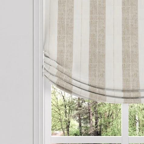 Relaxed Roman Shade | French Laundry Stripe - Champagne Cream Bold Stripe Relaxed Roman Shade Classic like its namesake, the Relaxed Roman Shade, with its distinctive curved bottom, adds a touch of softness and casual elegance to your window's appearance. PRODUCT DETAILS Folds require restyling after closing/raising until they retain shape Blind hems; small stitch may show where rings for operating are sewn Includes hardware for mounting Can select Continuous Loop or Cordless Continuous loop sil Ticking Stripe Roman Shades, Soft Roman Shades, Fabric Shades For Windows, Layered Roman Shades, Relaxed Roman Blinds, Striped Roman Shades, Relaxed Roman Shade Diy, Roman Blinds And Curtains Together, Roman Shade Kitchen Window