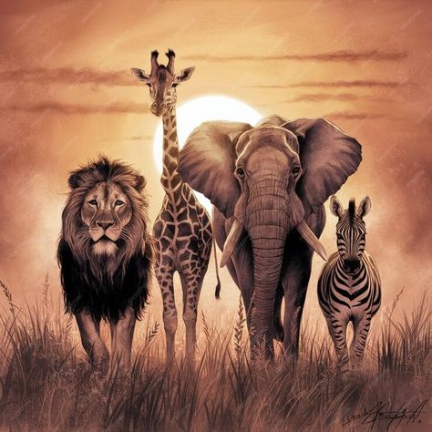 Premium Photo | A beautifully rendered pencil sketch of various animals in silhouette Big 5 Animals Drawings, Big 5 Animals, Elephant Painting Canvas, Elephant Drawing, Elephant Painting, Big 5, Animal Silhouette, African Animals, Painting Canvas