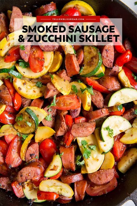 This Smoked Sausage and Zucchini Skillet has loads of flavor and veggies for a quick 20 meal! Serve over rice or pasta for a dinner to satisfy everyone! Kielbasa And Tomato Recipes, Polish Sausage And Zucchini Recipes, Stir Fry Recipes Sausage, Squash And Smoked Sausage, Low Calorie Smoked Sausage Recipes, Zucchini Squash And Sausage Recipes, Kielbasa And Squash Recipes, Kielbasa Zucchini Recipes, Turkey Sausage Skillet Recipes