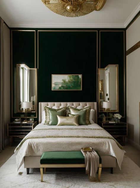 Green Cream And Gold Bedroom, Emerald Green Accent Wall Bedroom, Emerald Green Black And Gold Bedroom, Emerald Accent Wall, Emerald Green Accent Wall, Emerald Green And Gold Bedroom, Gold Accent Wall Bedroom, Cream And Gold Bedroom, Green And Gold Bedroom