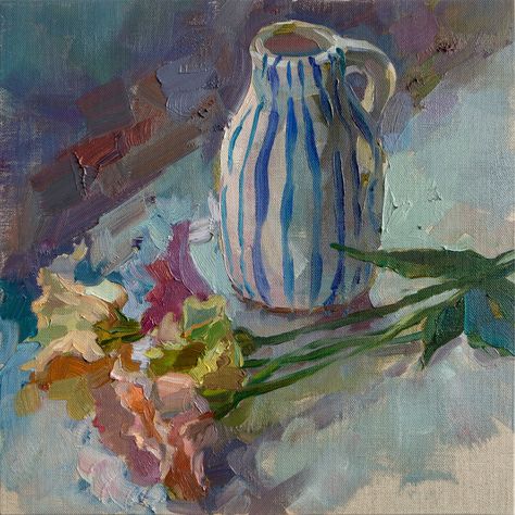 Still life painting with flowers and a vase in cool tones Flower Laying On Table, Flowers Laying On Table, Elena Morozova, Day Painting, Striped Vase, Small Artwork, Impressionism Painting, Impressionism Art, Another Day