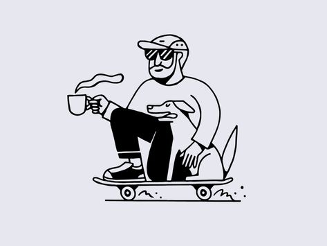 Doodle Graphic Design Illustrations, Coffee Line Art Illustrations, Dog Drinking Coffee Illustration, Skateboard Ideas Design, Coffee Illustration Graphics, Graphic Tee Design Ideas, Cash Illustration, Coffee Doodles, Coffee Illustrations