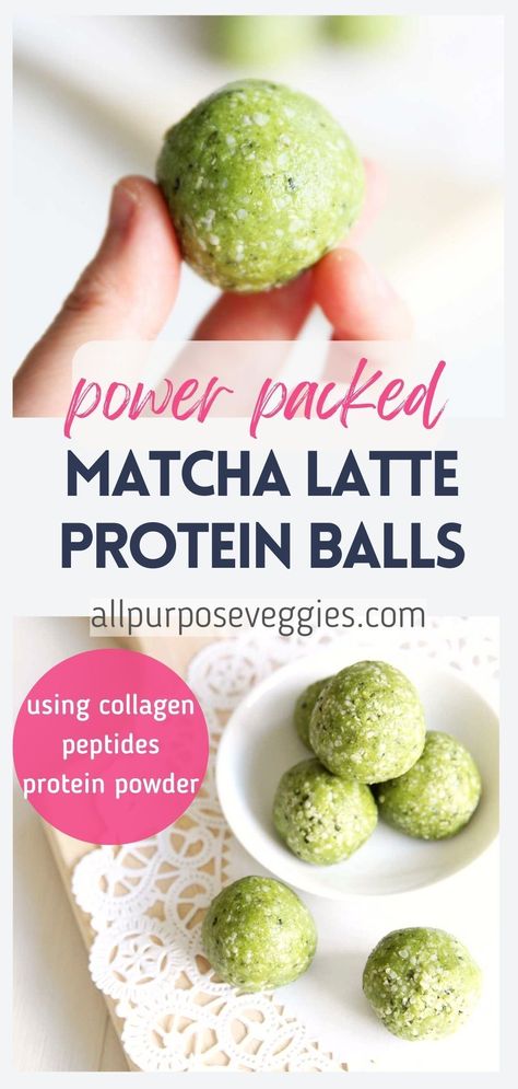 Nutty, earthy and sweet, these power-packed Matcha Latte Protein Balls were inspired by my favorite hot drink! You’ll love the flavor of matcha and the depth of flavor that comes from dry milk powder, as well as the buttery smooth mouthfeel of the hemp seeds in every bite. And it’s so easy to make! This recipe only require 7 ingredients – and just 5 minutes of your time. #proteinballs #energyballs #blissballs #collagenpeptides #matcha #healthysnacks Matcha Protein Powder Recipes, Matcha Power Balls, Matcha Balls Energy Bites, Matcha Protein Balls, Matcha Bites, Matcha Balls, Matcha Powder Recipes, Matcha Energy Bites, Collagen Powder Recipes