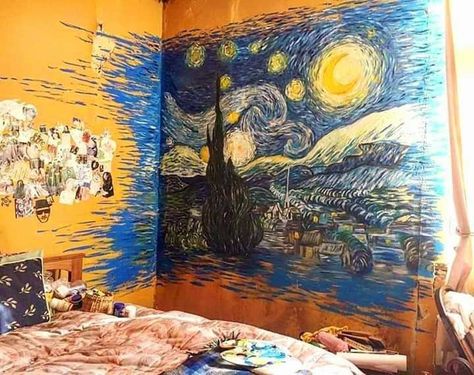 Room Murals Aesthetic Paint, Bathroom Wall Painting Ideas Creative, Starry Night Wall Painting, Wardrobe Painting Ideas Aesthetic, Mural Painting Aesthetic, Van Gogh Room Decor, Painting On Wall Ideas, Starry Night Room, Van Gogh Room