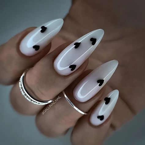 White Chrome Nails, Black White Nails, Milky Nails, Punk Nails, Her Nails, Work Nails, Black Hearts, Round Nails, Heart Nails