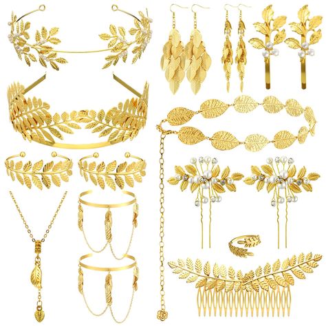 PRICES MAY VARY. Greek Goddess Costume Set: these Greek goddess accessories include most things that you need to transform into a beautiful Greek goddess; With 2 golden leaf crowns, 2 upper arm cuff coil bracelets, 2 bracelets, 1 pairs of artificial pearl drop earrings, 1 necklace, 1 toga waist belt, 2 hairpins, 2 hair clips, 1 ring, you have all the essential accessories for a beautiful Greek goddess look Alloy Material: these Greek goddess costume set are made with alloy material, these toga p Ancient Greek Headpiece, Greek Goddess Accessories, Goddess Costume Accessories, Greek Headpiece, Goddess Accessories, Laurel Leaf Crown, Greek Goddess Hairstyles, Greek Accessories, Hair Headpiece