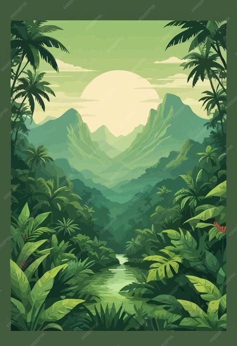 Premium Vector | A poster for a tropical paradise with a river and mountains in the background Mountain Background Illustration, Coffee Mural, Tropical Mountains, River Illustration, Tropical Posters, Soft Board, Mountain Poster, Tropical Poster, Tropical Illustration