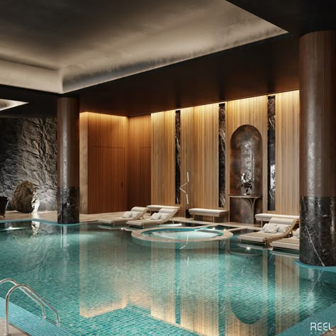 Indoor Pool Design on Behance Luxury Pools Indoor, Indoor Pool House, Indoor Swimming Pool Design, Inside Pool, Pool Indoor, Hotel Swimming Pool, Indoor Pool Design, Indoor Spa, Piscina Interior