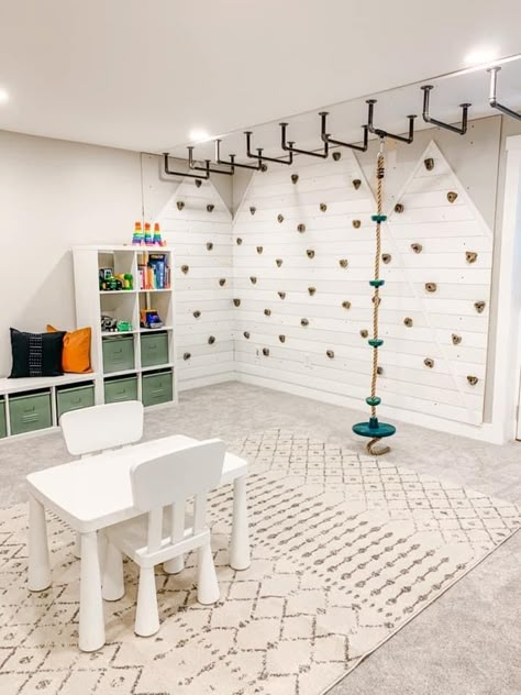 Cellar Playroom Ideas, Garage Turned Playroom, Basement Playroom Makeover, Small Basement Play Area, Basement Rock Wall For Kids, Basement Climbing Gym For Kids, Gymnastics Playroom Ideas, Workout Room Playroom Combo, Kids Basement Gym