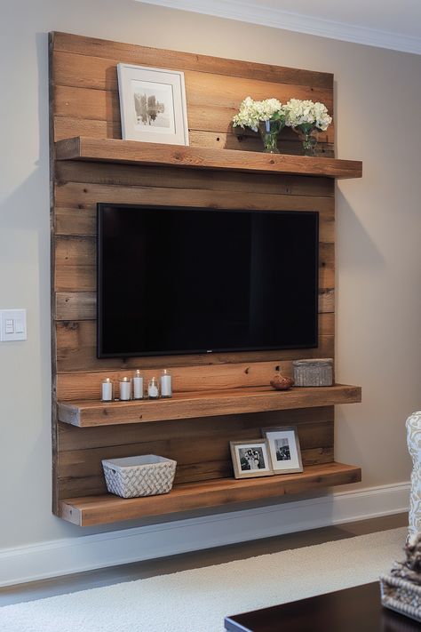 Tv Decoration Wall Bedroom, Miunted Tv, Wall Hung Tv Stand, Living Room Floating Shelves Around Tv Farmhouse, Simple Living Room Tv Wall, Bead Board Tv Wall, Diy Tv Accent Wall Ideas, Wood Wall For Tv, Wood Wall With Tv