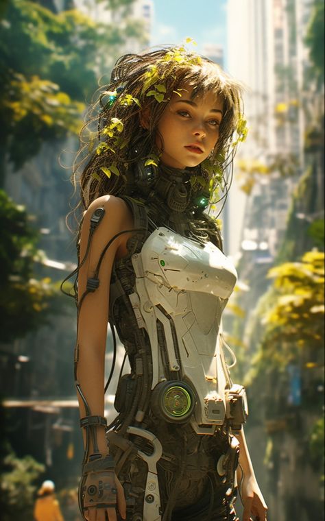 Created with Midjourney Eco Cyberpunk, Solarpunk Character Design, Solarpunk Character, Solarpunk Aesthetic, Futuristic Woman, Punk Character, Solar Punk, Dragons Crown, Forest Girl