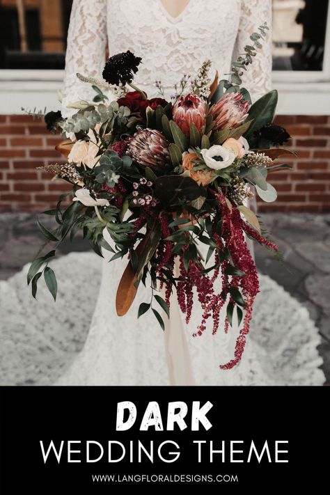 Dark Moody Wedding Bouquet, Dark And Moody Wedding Florals, Dark Wedding Bouquet Black, Moody Winter Wedding Bouquet, Moody Red Florals, Bud Vase Centerpiece, Dark Wedding Theme, Wedding Venues Indoor, Rustic Winter Wedding