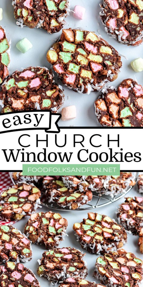 These Church Window Cookies are easy no-bake chocolate, marshmallow, and coconut cookies that are fun to make and a little something different for your cookie trays. via @foodfolksandfun No Bake Marshmallow Cookies, Cathedral Window Cookies, Cathedral Cookies Recipe, Marshmallow Coconut Cookies, Flaked Coconut Recipes, Church Windows Cookies, Marshmallow Cookies Easy, Colored Marshmallow Recipes, Cathedral Window Cookies Recipe