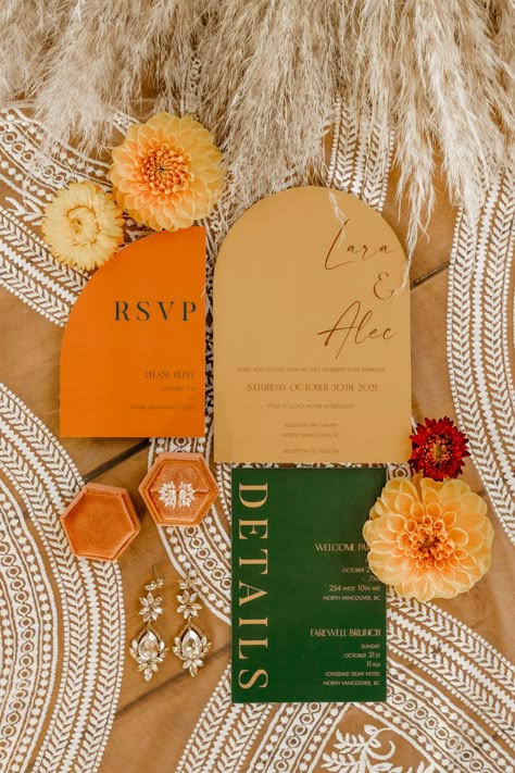 Wedding Color Schemes Orange And Green, Colorful Boho Wedding Invitation, Diy Boho Wedding Invitations, Orange Green Wedding Decor, Marigold And Green Wedding, Summer Orange Wedding Theme, Orange Wedding Colors Summer, Wedding Invitation Trends 2023, Orange Yellow And Green Wedding