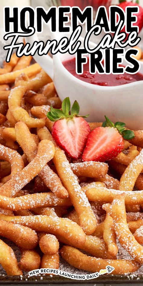 Diy Funnel Cake Recipe, Batter Dipped Fries, Funnel Fries Recipe Easy, Easy Funnel Cake Bites, Funnel Cake Batter Recipe, Easy Fried Dessert Recipes, Funnel Cake Mix Recipe, How To Make Funnel Cake Fries, Funnel Cake Sticks Recipe