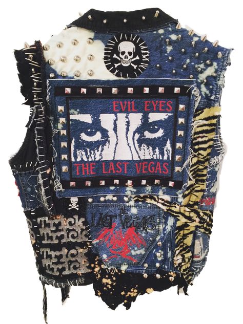 Denim rocker vest by Chad Cherry. 70's punk rock studded vest with embroidery patches from Chad Cherry Clothing. Punk Rock Vest, Vest With Patches, Punk Back Patch, Patch Vest, Punk Vest, Punk Embroidery, Rock Inspired Outfits, 70s Punk, Crust Punk