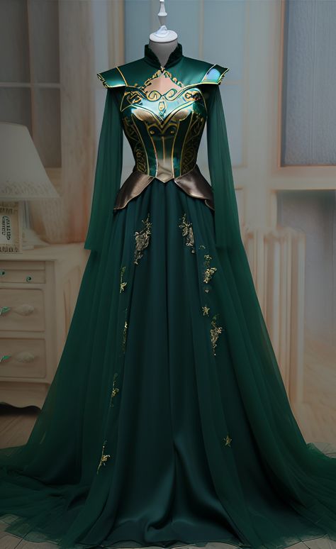 Slavic Clothes Aesthetic, Merida Inspired Dress, Loki Inspired Dresses, Fantasy Ball Outfits, Green Queen Aesthetic, Green Fantasy Outfit, Green Fantasy Gown, Royal Dresses Queens Fantasy, Queen Dress Royal