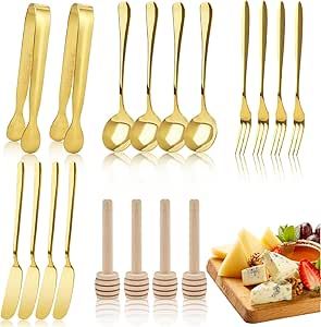 Jutieuo Charcuterie Board Accessories, 18 Pcs Gold Stainless Steel Spreader Knives Set Include Mini Serving Tongs, Cheese Butter Knives, Spoons, Forks, Honey Dippers Christmas Pastries, Cakes Ice Cream, Multipurpose Kitchen, Cheese Spreaders, Cheese Knife Set, Cheese Slicer, Honey Sticks, Honey Dipper, Cheese Butter