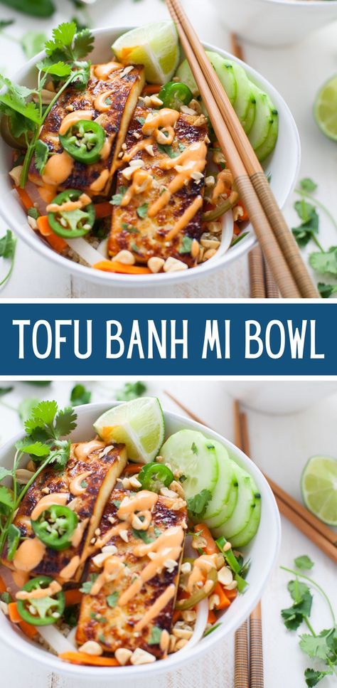 Banh Mi Rice Bowl, Tofu Bahn Mi Bowl, Tofu Banh Mi Bowl, Vietnamese Recipes Vegetarian, Banh Mi Bowl, Ban Mi Bowl, Tofu Work Lunch, Vietnamese Tofu, Tofu Banh Mi