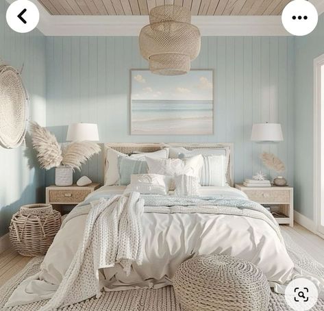 Master Beach Bedroom, Coastal Cottagecore Bedroom, Beach House Interior Decor, Coastal Grandma Bedroom Decor, Coastal Scandinavian Style Bedroom, Coastal Rustic Bedroom, Coastal Vibe Bedroom, Blue Coastal Bedroom Ideas, Beach Rooms Bedrooms