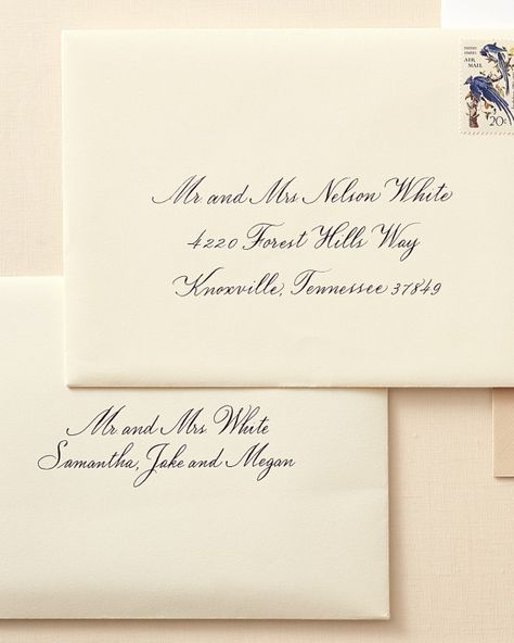 Even when the kids are invited, the outside envelope should be addressed only to their parents. Children’s names should appear on the inner envelope on the line beneath Mom and Dad’s. Start with the oldest, followed by his or her siblings in order of diminishing age. If you are taking a more formal approach on the inner envelope, refer to a boy under the age of 13 as “Master,” not “Mr.” Girls and young women under age 18 are called “Miss.” And since they are young siblings, the word “an... Invitation Etiquette, Addressing Wedding Invitations, Wedding Invitation Etiquette, Wedding Etiquette, Weddings By Color, Wedding Invitation Envelopes, Invitation Wording, Wedding Envelopes, Addressing Envelopes