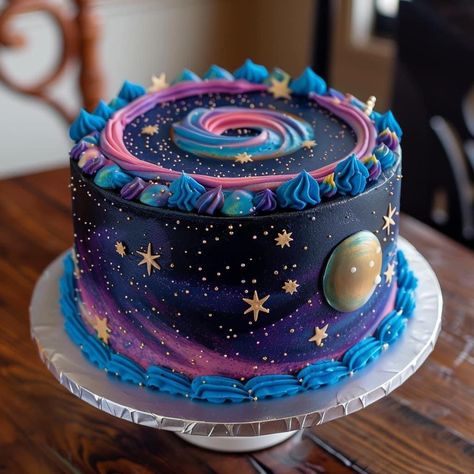 Glaxay Cake, How To Make A Galaxy Cake, Space Cake Buttercream, Galaxy Birthday Cake Ideas, Outer Space Desserts, Pink Galaxy Cake, Space Theme Cakes, Birthday Cake Space Theme, Outer Space Cakes