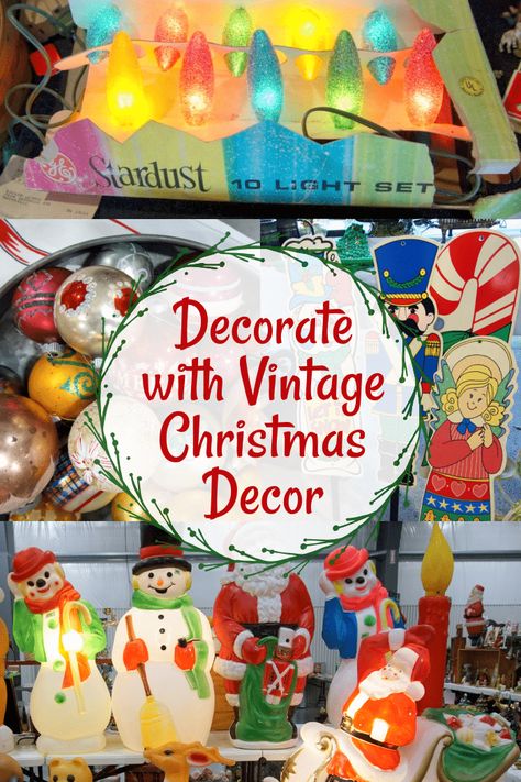 Buying And Displaying Vintage Christmas Decor Vintage Plastic Christmas Decorations, Retro Christmas Outdoor Decorations, Nostalgic Christmas Decorations Diy, Vintage Christmas Exterior Decor, Christmas In The 50s, 1940 Christmas Decorations, Vintage Christmas Ornaments Display, 1970 Christmas Decorations, Christmas In The 60s