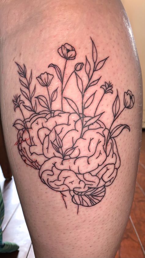 Brain And Flower Tattoo, Brain Flower Tattoo, Flower Brain Tattoos, Brain With Flowers Tattoo, Neuroscience Tattoo, Brain Outline, Brain Tattoos, Biblical Tattoos, Brain Tattoo