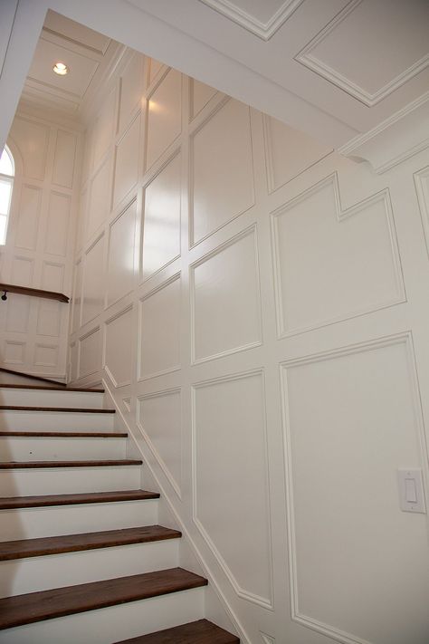 Staircase Molding Trim Work, Foyer Trim, Stair Accent Wall, Foyer Accent Wall, Stairs Feature Wall, Stairwell Wall Ideas, Stair Wall Design, Monterey House, Stairs Tiles Design