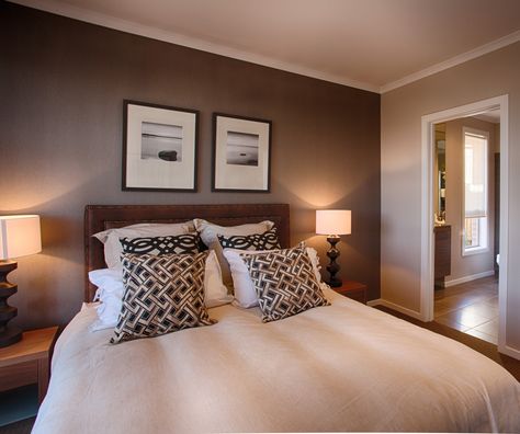 Beautiful feature wall colour in this master bedroom. I love the different shades of brown throughout the room. Bedroom Paint Design, Wc Decoration, Feature Wall Bedroom, Bedroom Color Combination, Bedroom Wall Designs, Bedroom Wall Paint, Bedroom Wall Colors, Bedroom Accent, Brown Bedroom