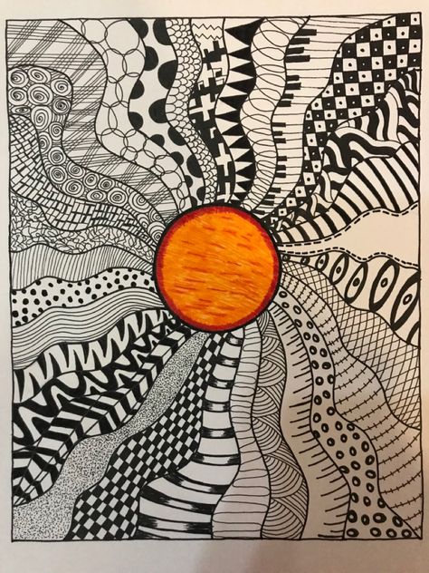 A sun with his each ray in a pattern. #myart #doodleart #doodle #doodling #art #patternart Abstract Sun Drawing, Doodling Art, Postcard Ideas, Sun Drawing, Inktober 2024, Sharpie Crafts, Creating A Bullet Journal, Zen Tangle, Zen Doodle Art