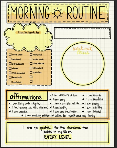 Digital bullet journal morning routine Morning Routine Goodnotes, Bujo Morning Routine Page, Dot Grid Journal Ideas Daily, Daily Routine Journal Ideas, Bujo Affirmations Page, Diares Ideas, Morning Routine Journal Page, Journal Routine Ideas, Morning Routine Journal Ideas