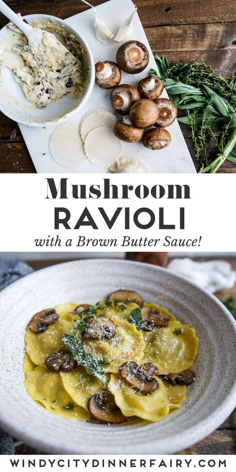 Ravioli With Brown Butter Sauce, Wild Mushroom Ravioli, Sage Brown Butter, Art Of Gathering, Mushroom Cream Sauce, Ravioli Filling, Mushroom Ravioli, Brown Butter Sauce, Homemade Ravioli