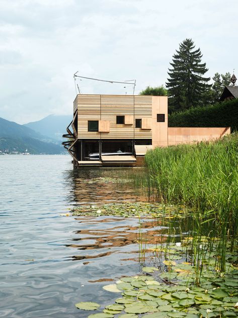 boat’s house at millstätter lake in seeboden by MHM architects Boat House Design, Houseboat Design, Lakefront Living, Lakefront Property, Lake Boat, Boat House, Guest Cottage, Floating House, Waterfront Property