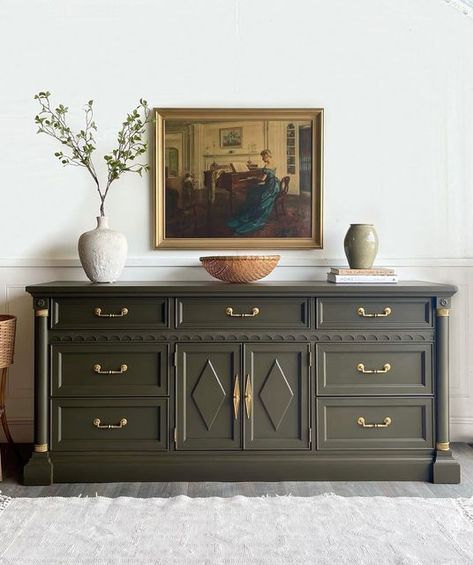 Olive Green Wood Furniture, Olive Green Sideboard, Dark Green Entry Table, Olive Green Furniture Paint, Olive Painted Furniture, Dark Antique Furniture, Dark Green Sideboard, Moody Furniture Makeover, Gray Green Bedroom