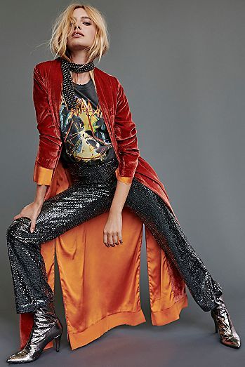 Rocker Chic Outfit Glam Rock, Shine Outfit Ideas, Glam Rock Outfits, Stile Punk Rock, Glam Rock Style, Look Hippie Chic, Boho Rocker, Velvet Duster, Punk Glam